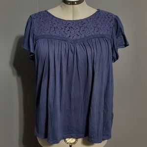 By Design Navy Blue Women's Blouse with Lace Yoke Size Large